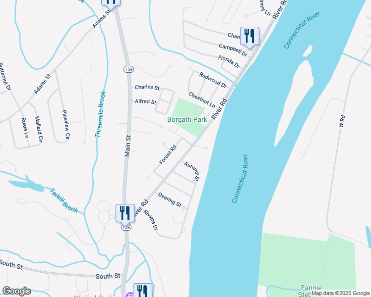 map of restaurants, bars, coffee shops, grocery stores, and more near 193 River Road in Agawam