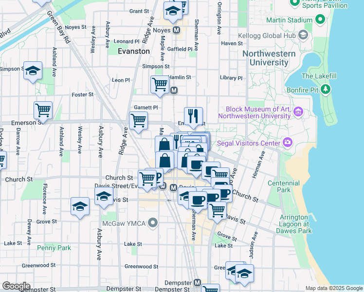 map of restaurants, bars, coffee shops, grocery stores, and more near 1830 Sherman Avenue in Evanston