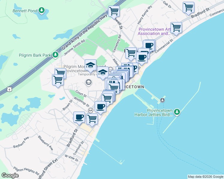 map of restaurants, bars, coffee shops, grocery stores, and more near 236 Commercial Street in Provincetown