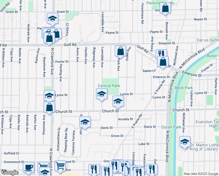 map of restaurants, bars, coffee shops, grocery stores, and more near 9398 Central Park Ave in Evanston