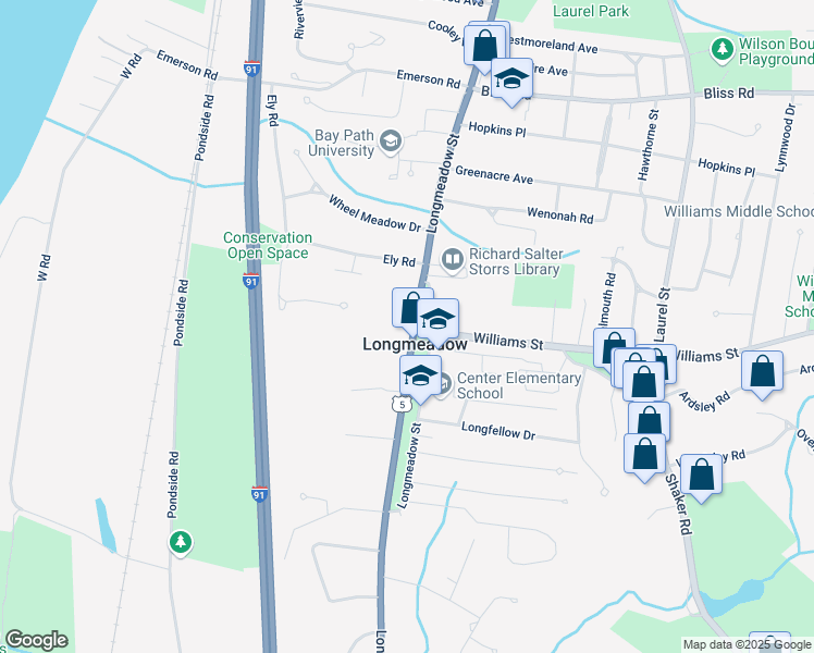 map of restaurants, bars, coffee shops, grocery stores, and more near 734 Longmeadow Street in Longmeadow
