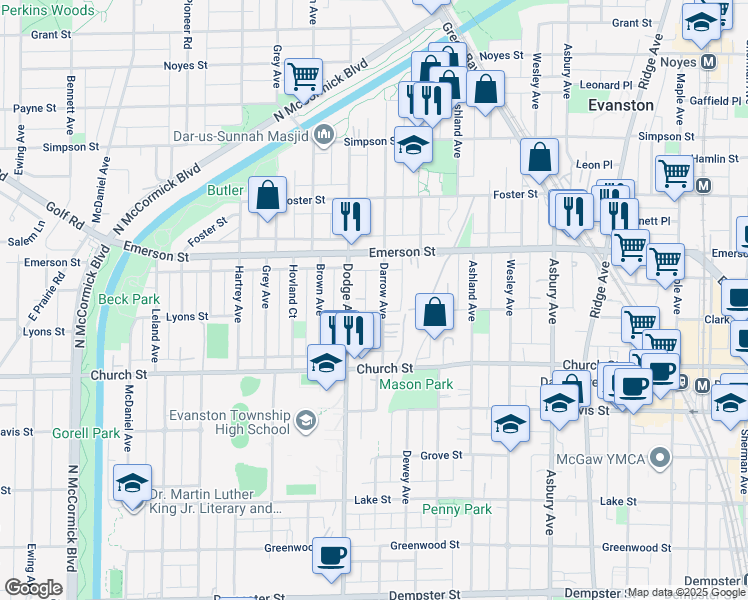 map of restaurants, bars, coffee shops, grocery stores, and more near 1818 Darrow Avenue in Evanston