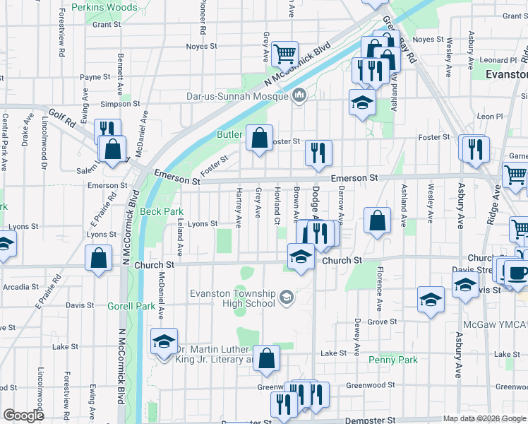 map of restaurants, bars, coffee shops, grocery stores, and more near 1823 Grey Avenue in Evanston