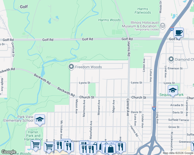 map of restaurants, bars, coffee shops, grocery stores, and more near 9342 Menard Avenue in Morton Grove