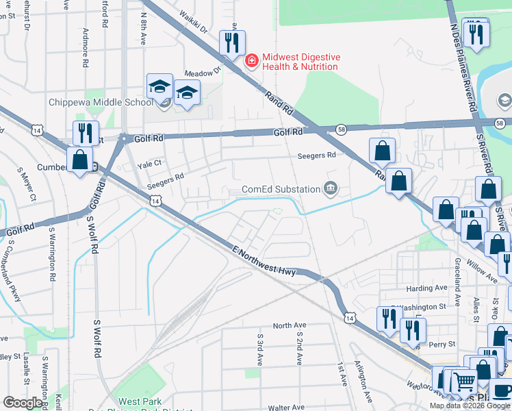 map of restaurants, bars, coffee shops, grocery stores, and more near 800 Weller Drive in Des Plaines