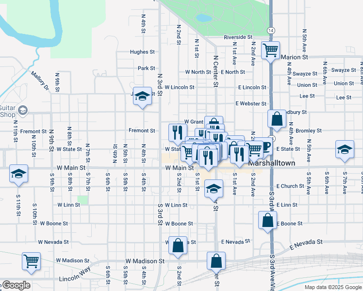 map of restaurants, bars, coffee shops, grocery stores, and more near 107 North 2nd Street in Marshalltown
