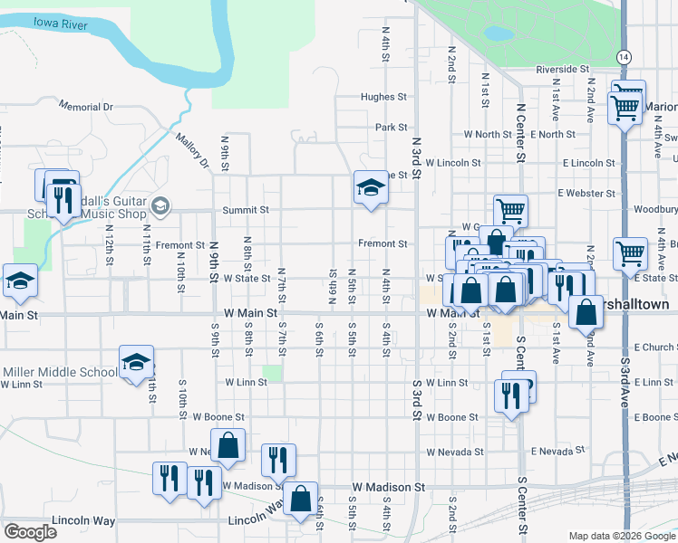 map of restaurants, bars, coffee shops, grocery stores, and more near 100-198 N 6th St in Marshalltown