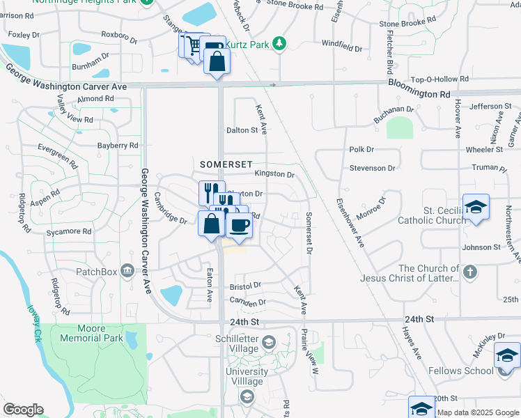map of restaurants, bars, coffee shops, grocery stores, and more near 2426 Clayton Drive in Ames