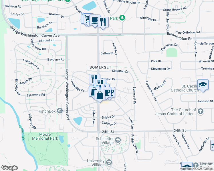 map of restaurants, bars, coffee shops, grocery stores, and more near 2602 Clayton Drive in Ames