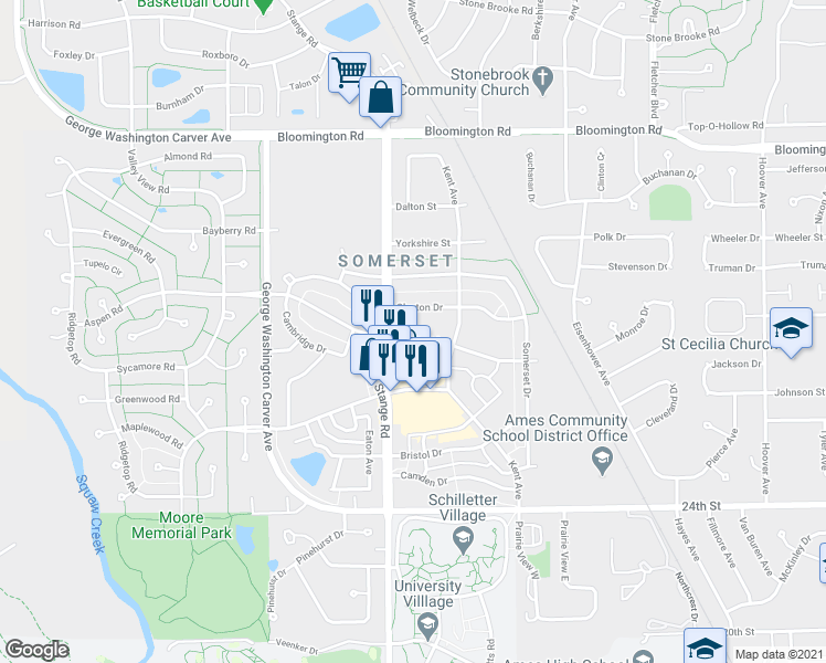 map of restaurants, bars, coffee shops, grocery stores, and more near 2602 Clayton Drive in Ames