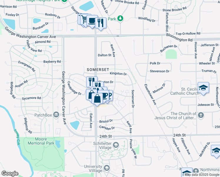 map of restaurants, bars, coffee shops, grocery stores, and more near 2511 Aspen Road in Ames