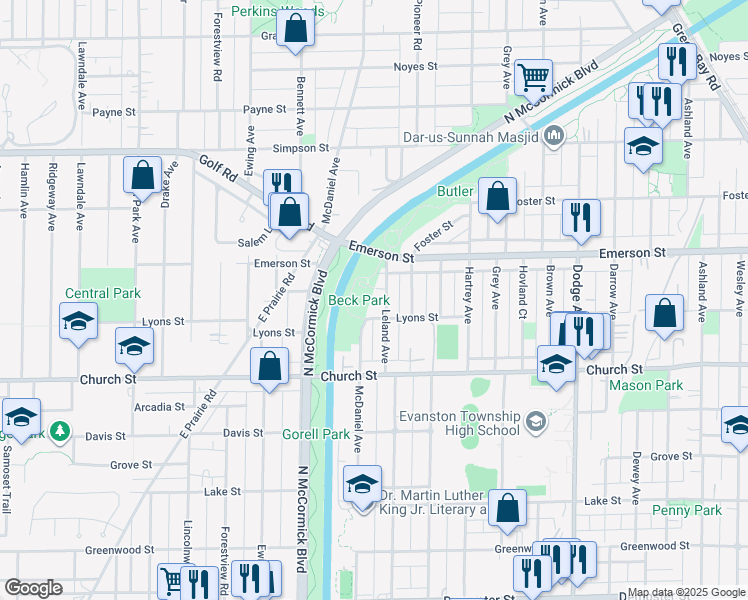 map of restaurants, bars, coffee shops, grocery stores, and more near 2418 Wade Street in Evanston