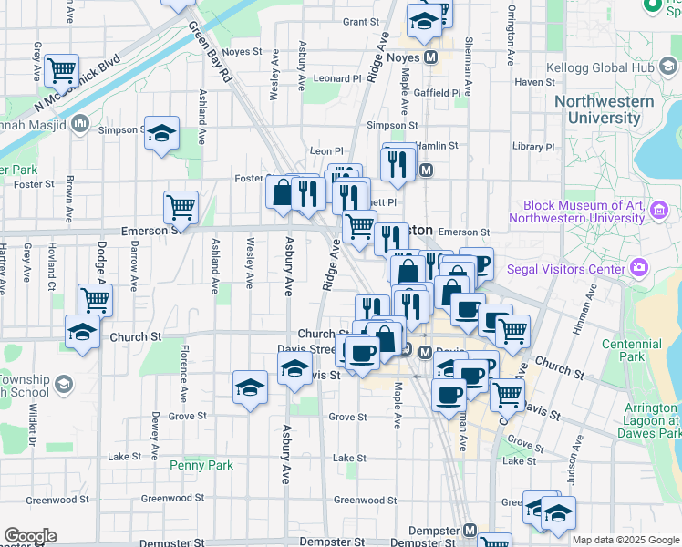 map of restaurants, bars, coffee shops, grocery stores, and more near 1815 Ridge Avenue in Evanston