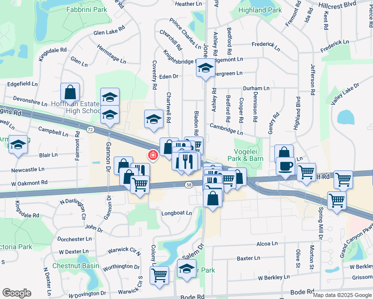 map of restaurants, bars, coffee shops, grocery stores, and more near 823 Blenheim Drive in Schaumburg