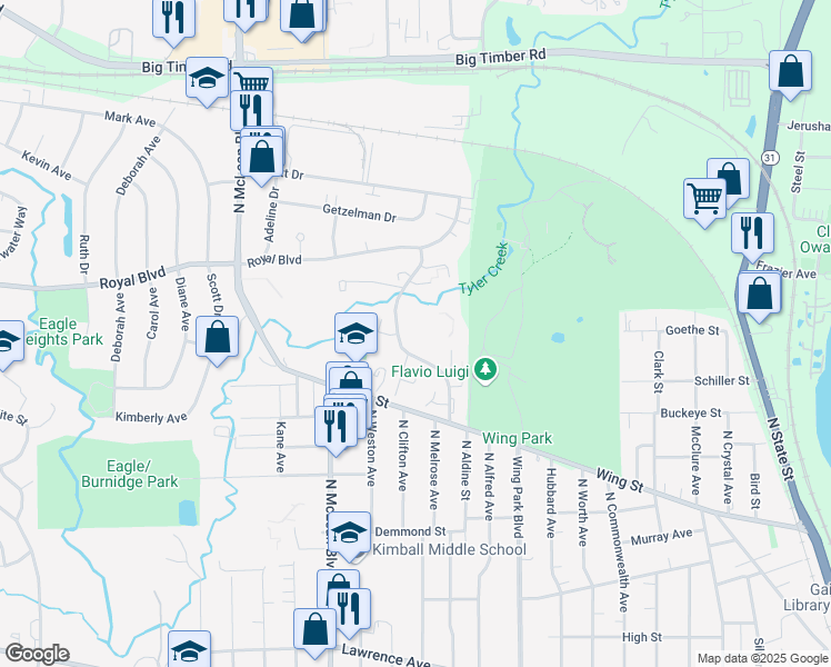 map of restaurants, bars, coffee shops, grocery stores, and more near 11 Longwood Place in Elgin