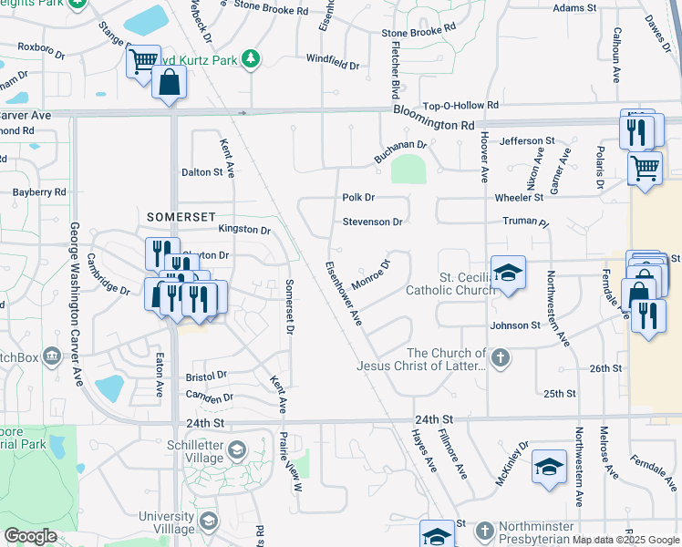 map of restaurants, bars, coffee shops, grocery stores, and more near 2930 Eisenhower Avenue in Ames