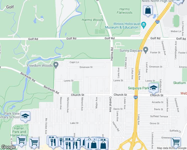 map of restaurants, bars, coffee shops, grocery stores, and more near 5714 Lyons Street in Morton Grove