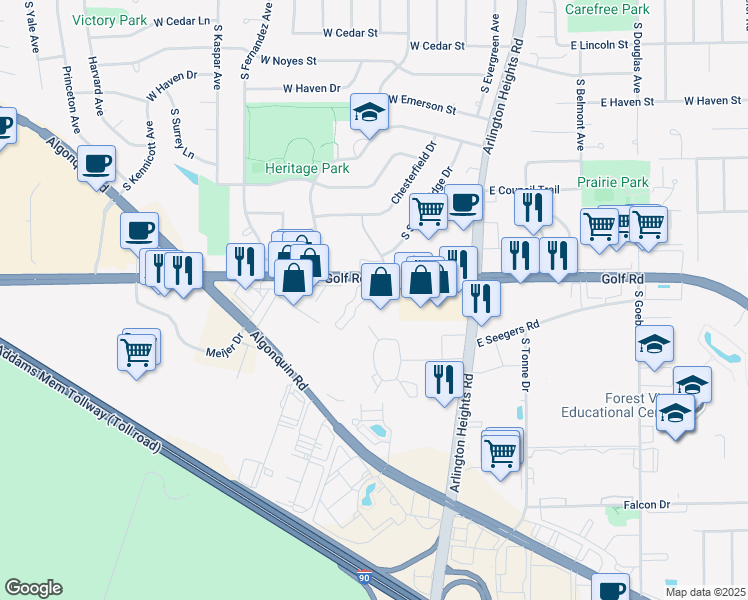 map of restaurants, bars, coffee shops, grocery stores, and more near 515 West Golf Road in Arlington Heights