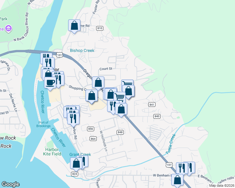 map of restaurants, bars, coffee shops, grocery stores, and more near 16265 U.S. 101 in Brookings
