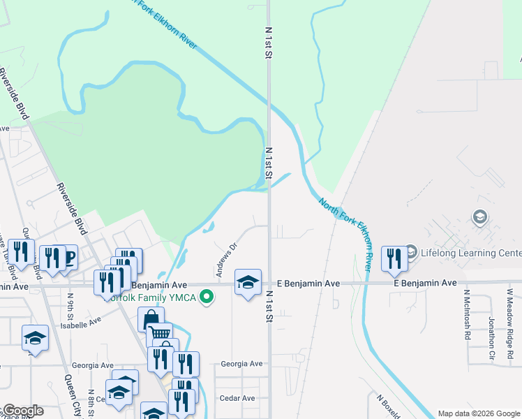 map of restaurants, bars, coffee shops, grocery stores, and more near 1510 North 1st Street in Norfolk