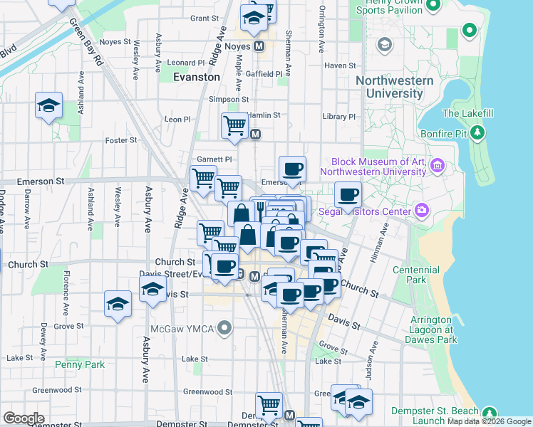 map of restaurants, bars, coffee shops, grocery stores, and more near 1830 Sherman Avenue in Evanston