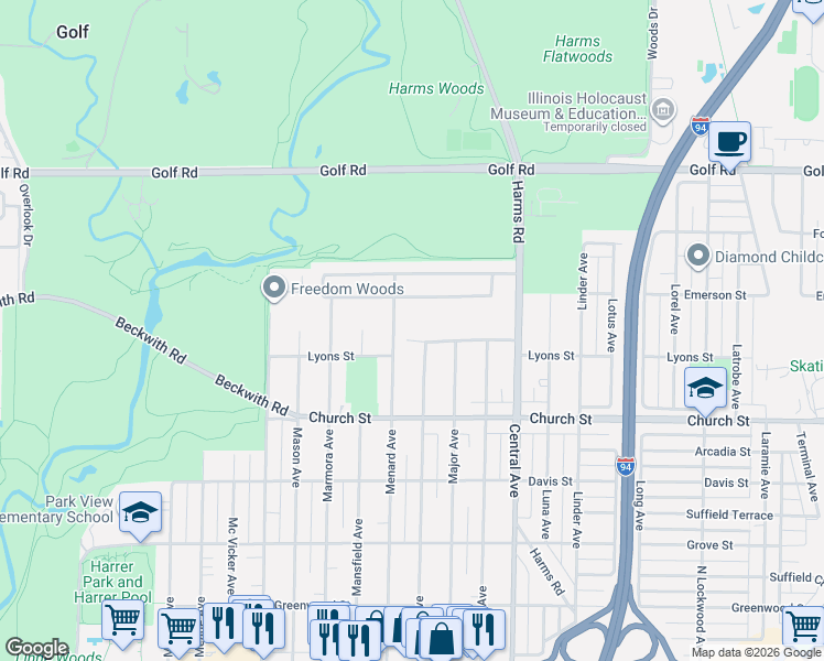 map of restaurants, bars, coffee shops, grocery stores, and more near 9342 Menard Avenue in Morton Grove