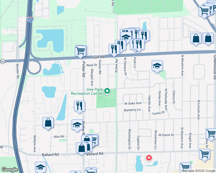 map of restaurants, bars, coffee shops, grocery stores, and more near 9415B Sumac Road in Des Plaines