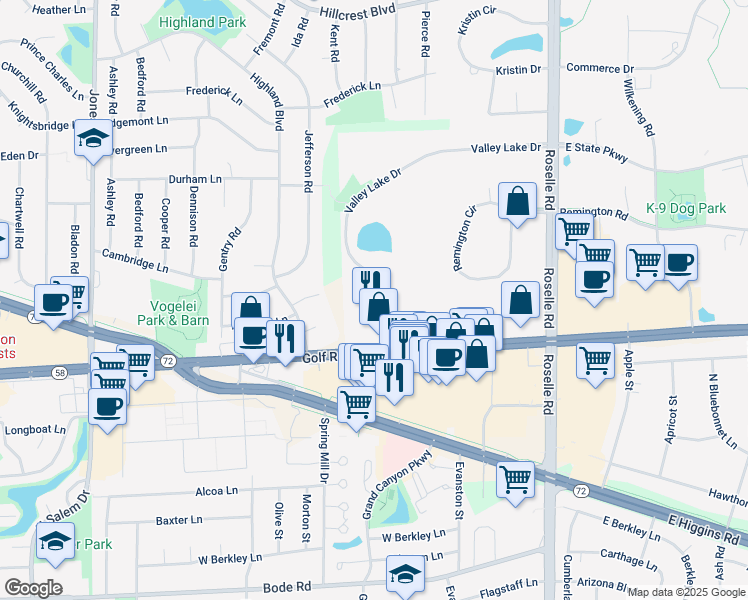 map of restaurants, bars, coffee shops, grocery stores, and more near 1234 Valley Lake Drive in Schaumburg