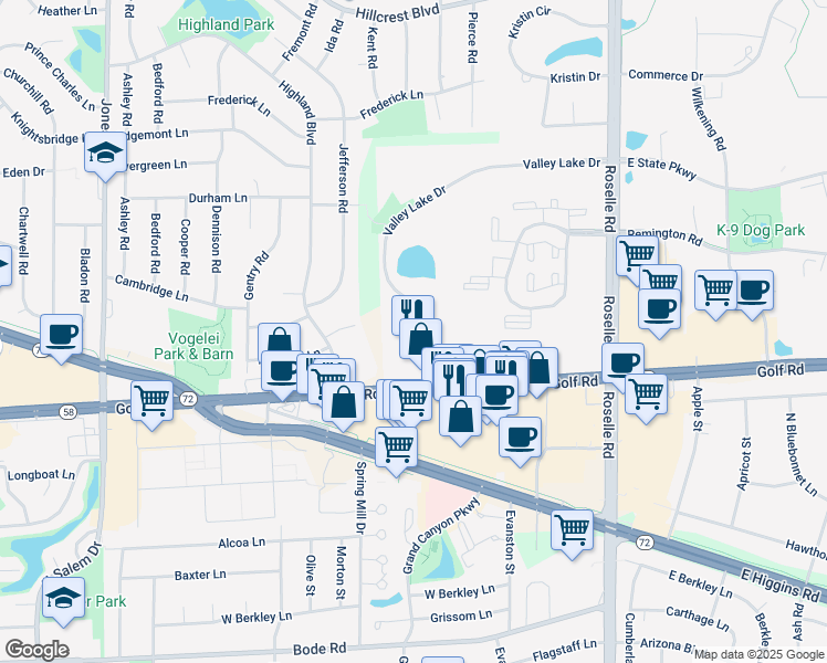 map of restaurants, bars, coffee shops, grocery stores, and more near 1234 Valley Lake Drive in Schaumburg