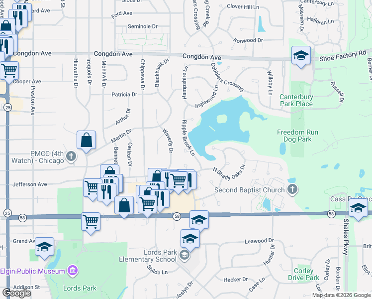 map of restaurants, bars, coffee shops, grocery stores, and more near 796 Ripple Brook Court in Elgin