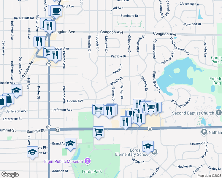 map of restaurants, bars, coffee shops, grocery stores, and more near 800 Bennett Drive in Elgin