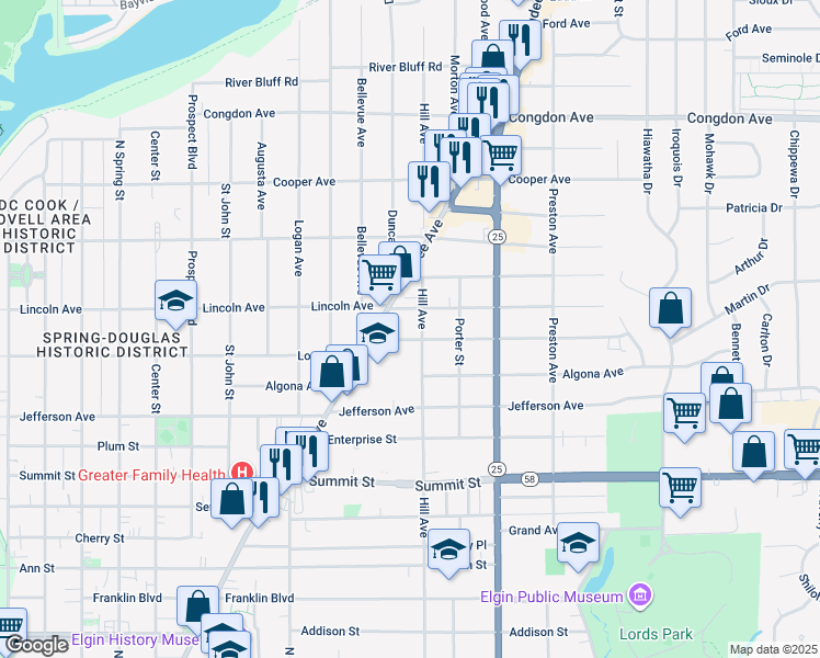 map of restaurants, bars, coffee shops, grocery stores, and more near 727 Hill Avenue in Elgin