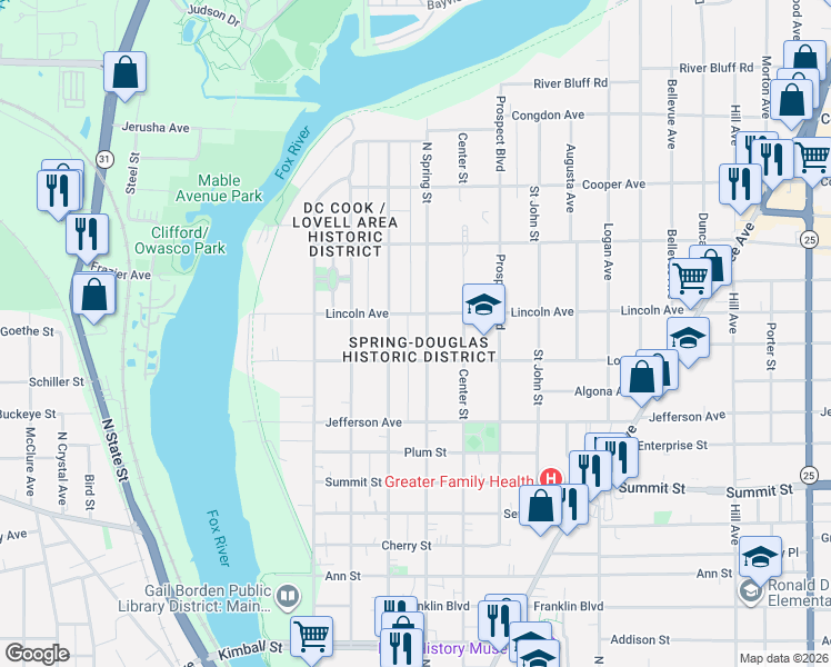 map of restaurants, bars, coffee shops, grocery stores, and more near 730 North Spring Street in Elgin