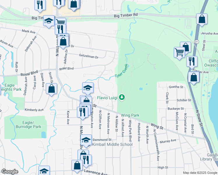 map of restaurants, bars, coffee shops, grocery stores, and more near 11 Longwood Place in Elgin