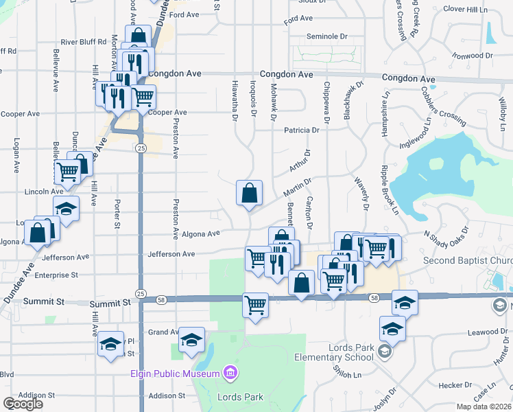 map of restaurants, bars, coffee shops, grocery stores, and more near 800 Martin Drive in Elgin