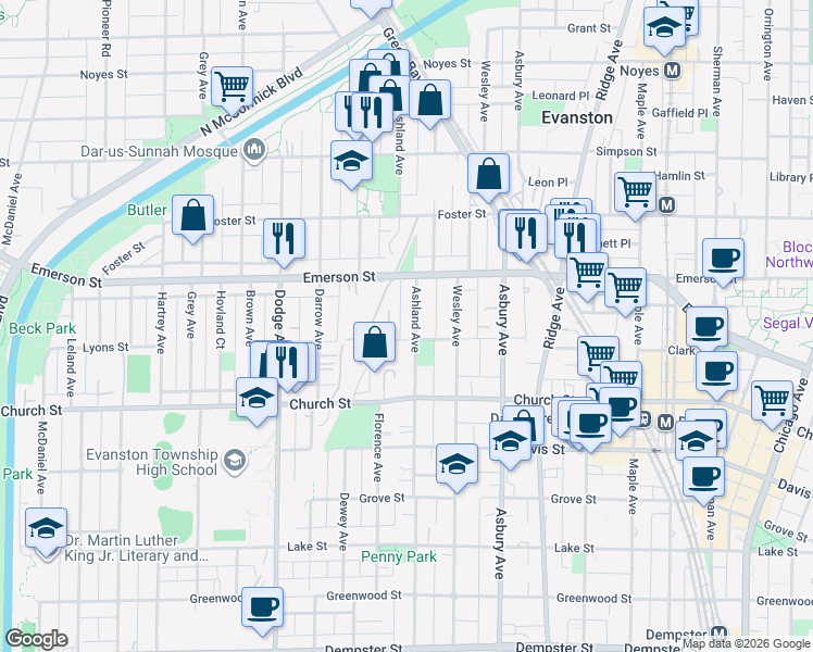 map of restaurants, bars, coffee shops, grocery stores, and more near 1520 Lyons Street in Evanston