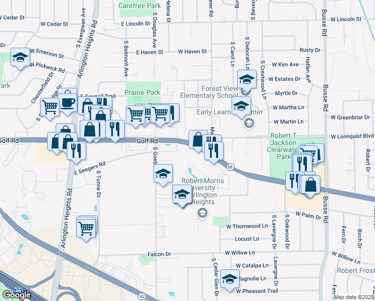 map of restaurants, bars, coffee shops, grocery stores, and more near 825 East Golf Road in Arlington Heights