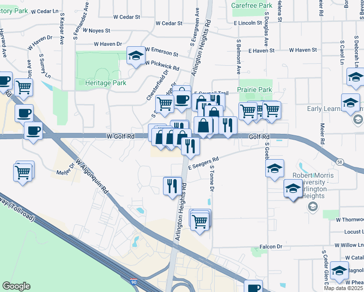 map of restaurants, bars, coffee shops, grocery stores, and more near 1918 South Arlington Heights Road in Arlington Heights
