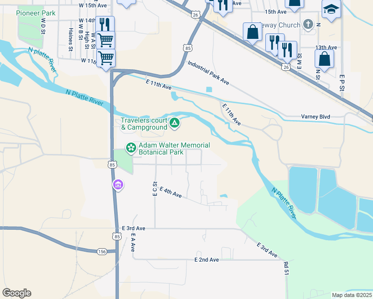 map of restaurants, bars, coffee shops, grocery stores, and more near 500 East 6th Avenue in Torrington