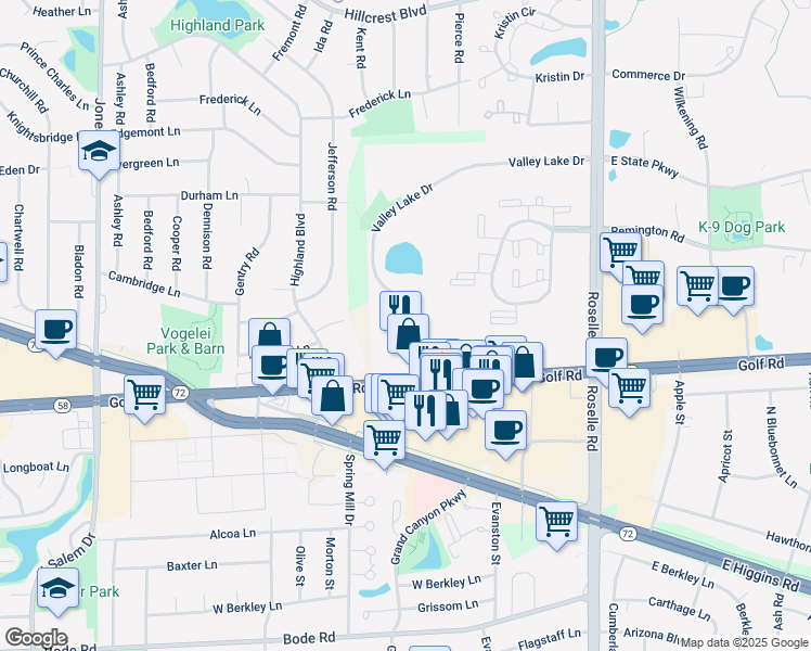 map of restaurants, bars, coffee shops, grocery stores, and more near 1234 Valley Lake Drive in Schaumburg