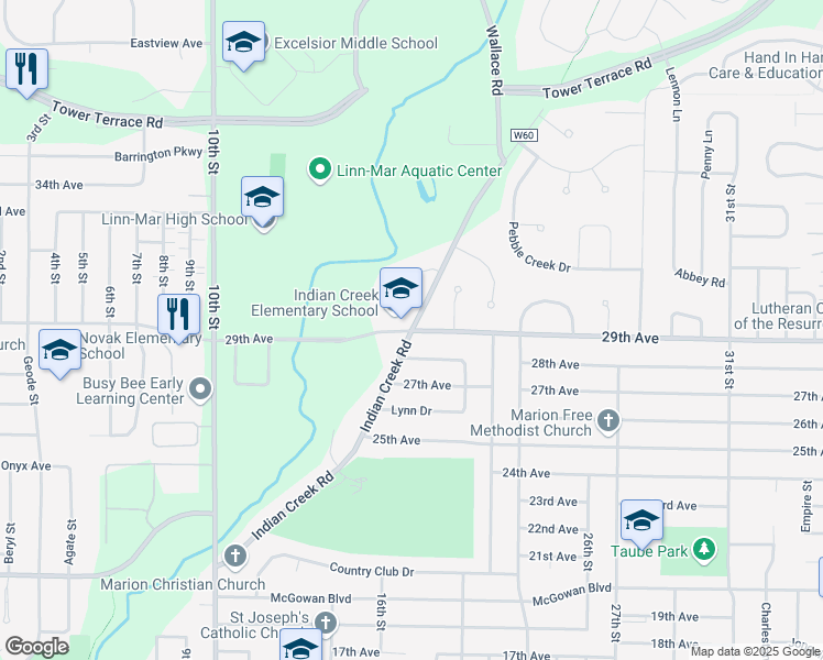 map of restaurants, bars, coffee shops, grocery stores, and more near 2900 Indian Creek Road in Marion