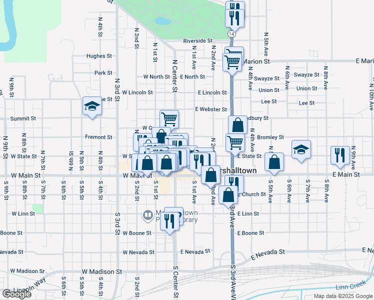 map of restaurants, bars, coffee shops, grocery stores, and more near 20 East State Street in Marshalltown
