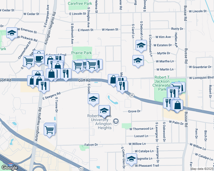 map of restaurants, bars, coffee shops, grocery stores, and more near 825 East Golf Road in Arlington Heights