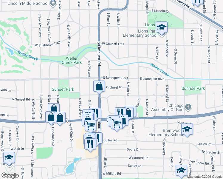 map of restaurants, bars, coffee shops, grocery stores, and more near 109 West Orchard Place in Mount Prospect