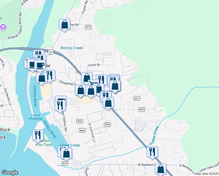 map of restaurants, bars, coffee shops, grocery stores, and more near 16265 U.S. 101 in Brookings