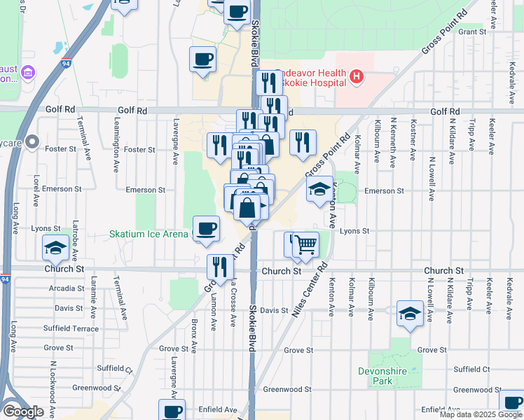 map of restaurants, bars, coffee shops, grocery stores, and more near 9336 Skokie Boulevard in Skokie
