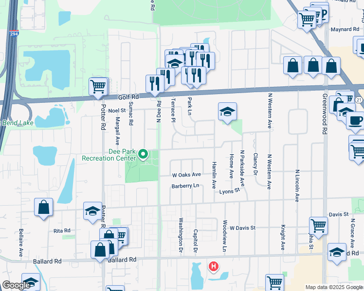 map of restaurants, bars, coffee shops, grocery stores, and more near 9413 Oak Avenue in Des Plaines