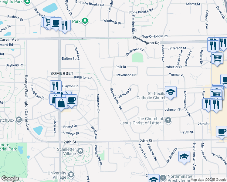 map of restaurants, bars, coffee shops, grocery stores, and more near 2930 Eisenhower Ave in Ames