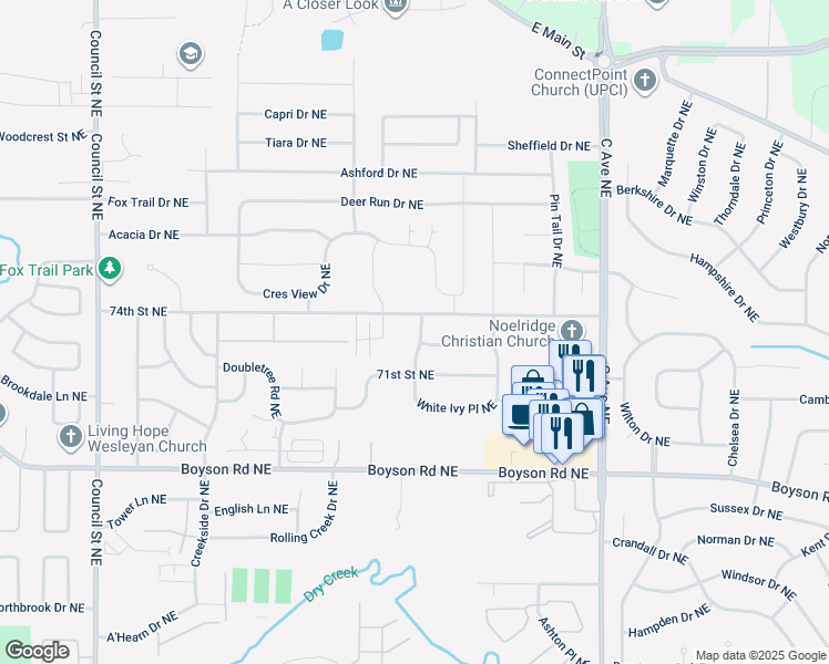 map of restaurants, bars, coffee shops, grocery stores, and more near 829 74th Street Northeast in Cedar Rapids