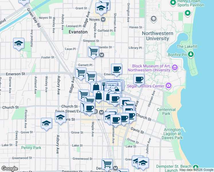 map of restaurants, bars, coffee shops, grocery stores, and more near 1830 Sherman Avenue in Evanston